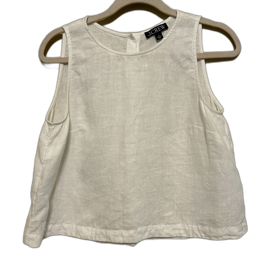 J Crew 100% Linen Button Back Tank Top Womens Small White Beachy Coastal